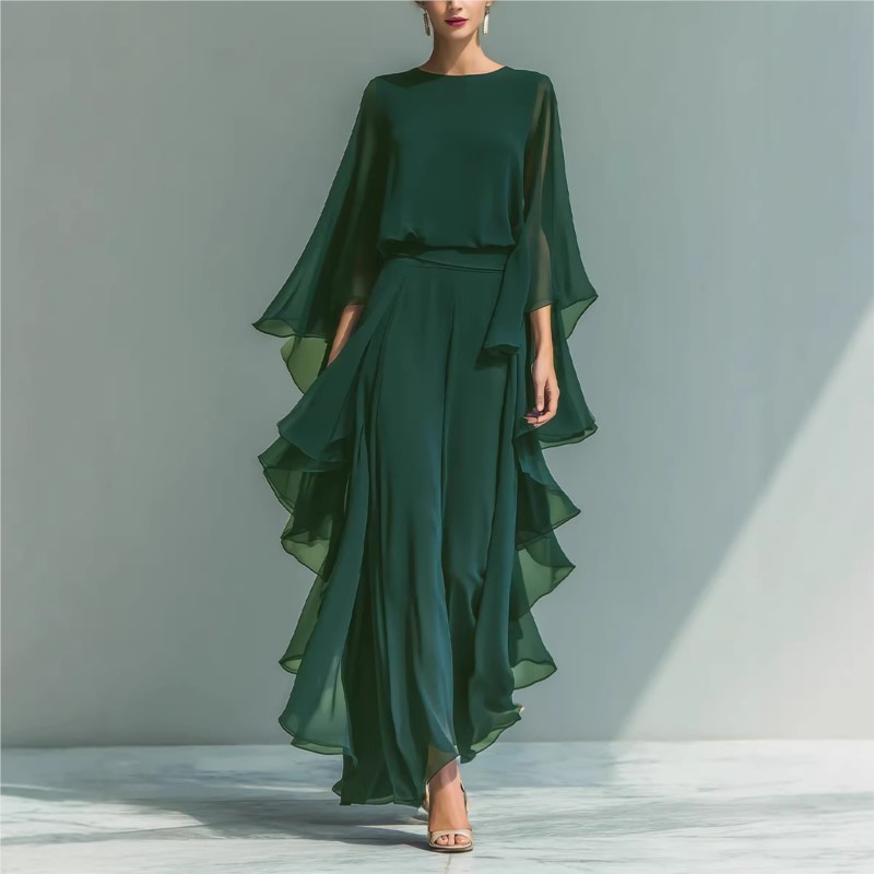 Ensemble deux pièces bohème pour femme : chemise en mousseline bleu marine à manches cloche et pantalon droit à volants – Tenue tendance