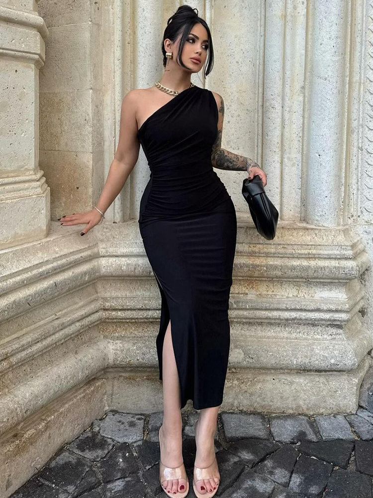 Robes longues sexy fendues noires sans manches dos nu pour femmes, robes d'été élégantes à épaules dénudées pour soirées et clubs