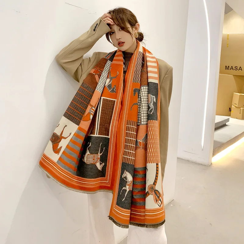 Écharpe de luxe en cachemire pour femme, Design chaud, couverture Pashmina, cheval, châle, épais, Bufanda, nouvelle collection hiver 2024