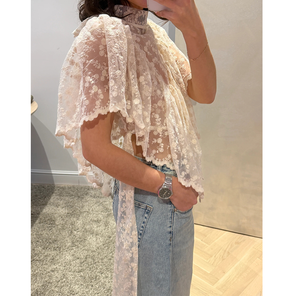 T-shirts d'été pour femmes, style Kawaii Grunge, en dentelle, broderie florale, Coquette, sexy, transparents, à volants irréguliers, manches flottantes, coupe ample