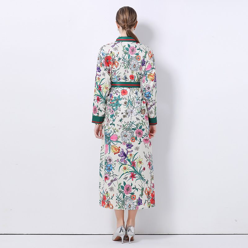 Robe chemise à manches longues pour femmes, col rabattu, simple boutonnage, imprimé Floral, à lacets, ample, vacances, Maxi, printemps