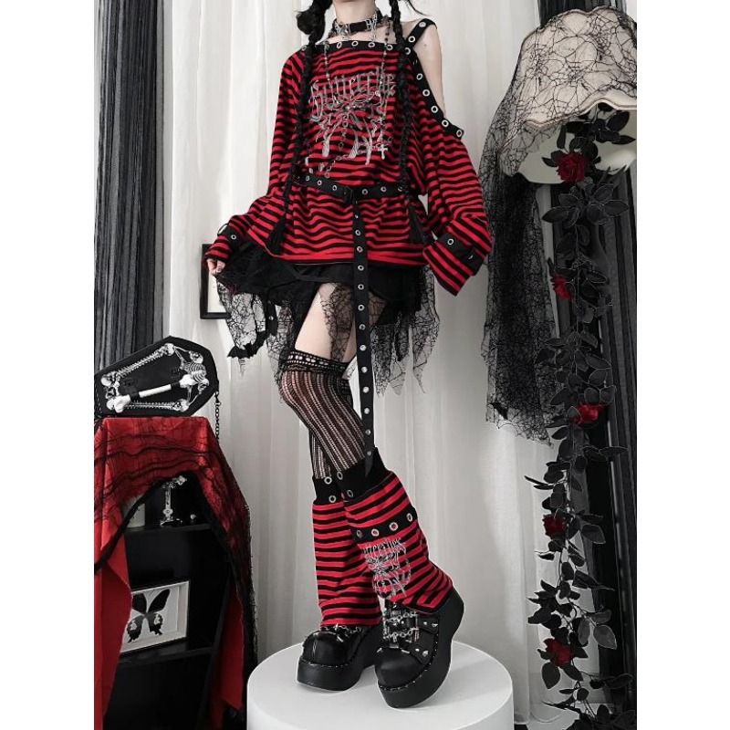 Chemise Longue à Manches sulfpour Fille, Style Gothique, Blouse Punk, Sous-culture Papillon, à Rayures Bleues et Rouges