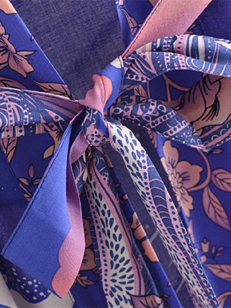 Chemisier Kimono Bohème pour Femme, Imprimé Floral et Lune Bleue, Style Plage BOHO, avec Nœuds, Cardigan Long Maxi, Blouse de Vacances