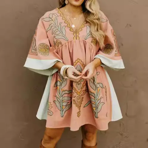 Mini Robe en Coton et Lin Style Boho pour Femme, Broderie Florale, Éducative, Manches Évasées, Décontractée, Surdimensionnée, pour l'Été