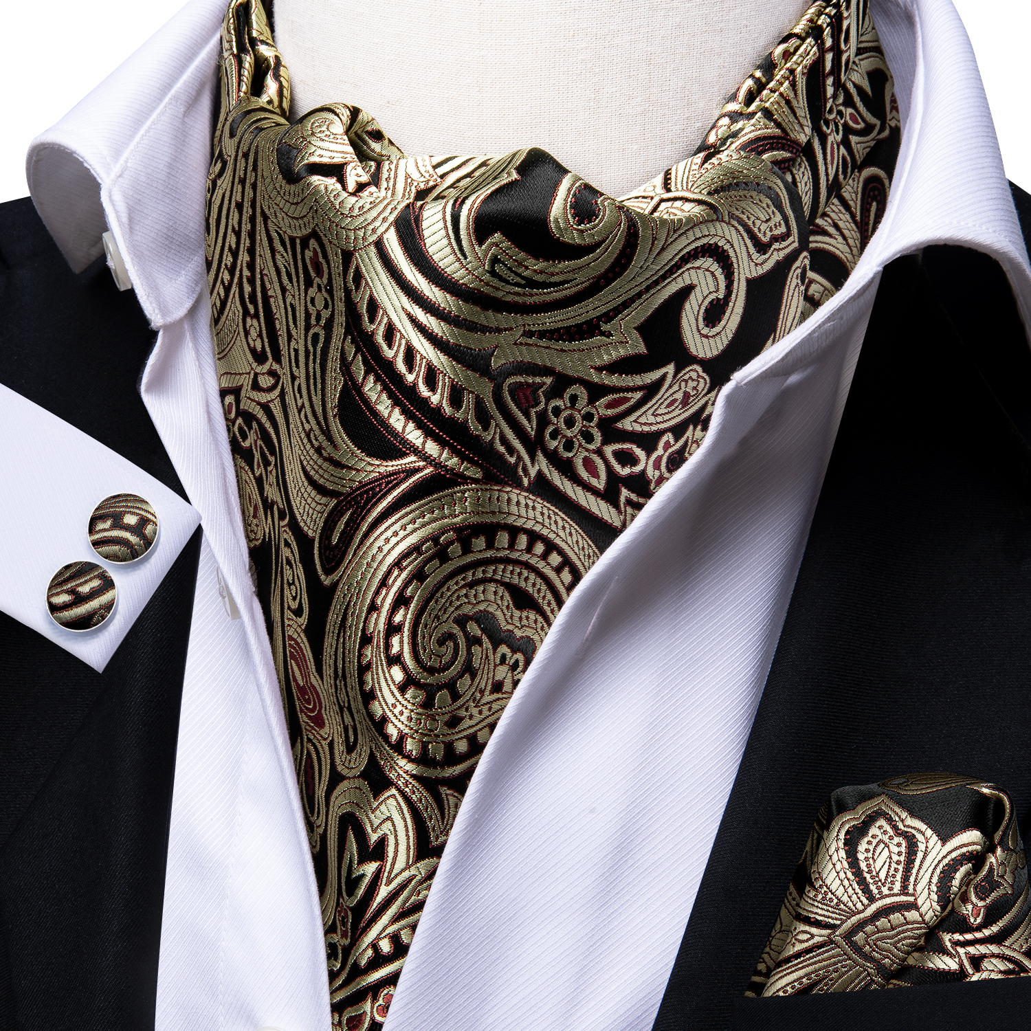 Injfraîchement-Ensemble de foulards cachemire pour hommes, vintage, décontracté, floral, noir, doré Ascot, poche carrée, mariage, grand