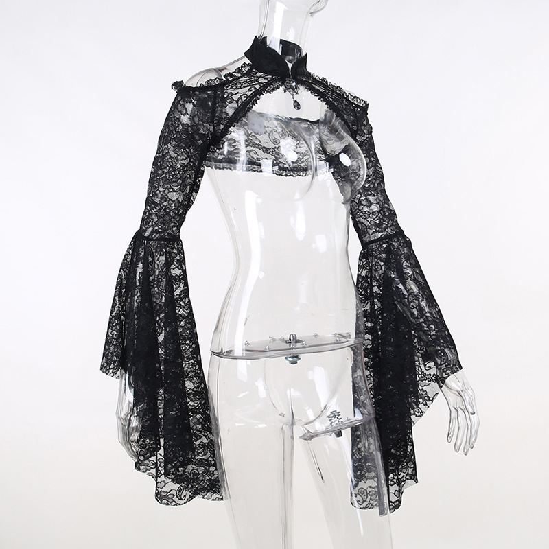 Dentelle Shrugs Sheer Crop Y-Long Bell Sleeves pour femmes, Dark Gothic Wedding, Punk Cold Initiated Costume, Crochet BEmbed o Cover Up Shirt