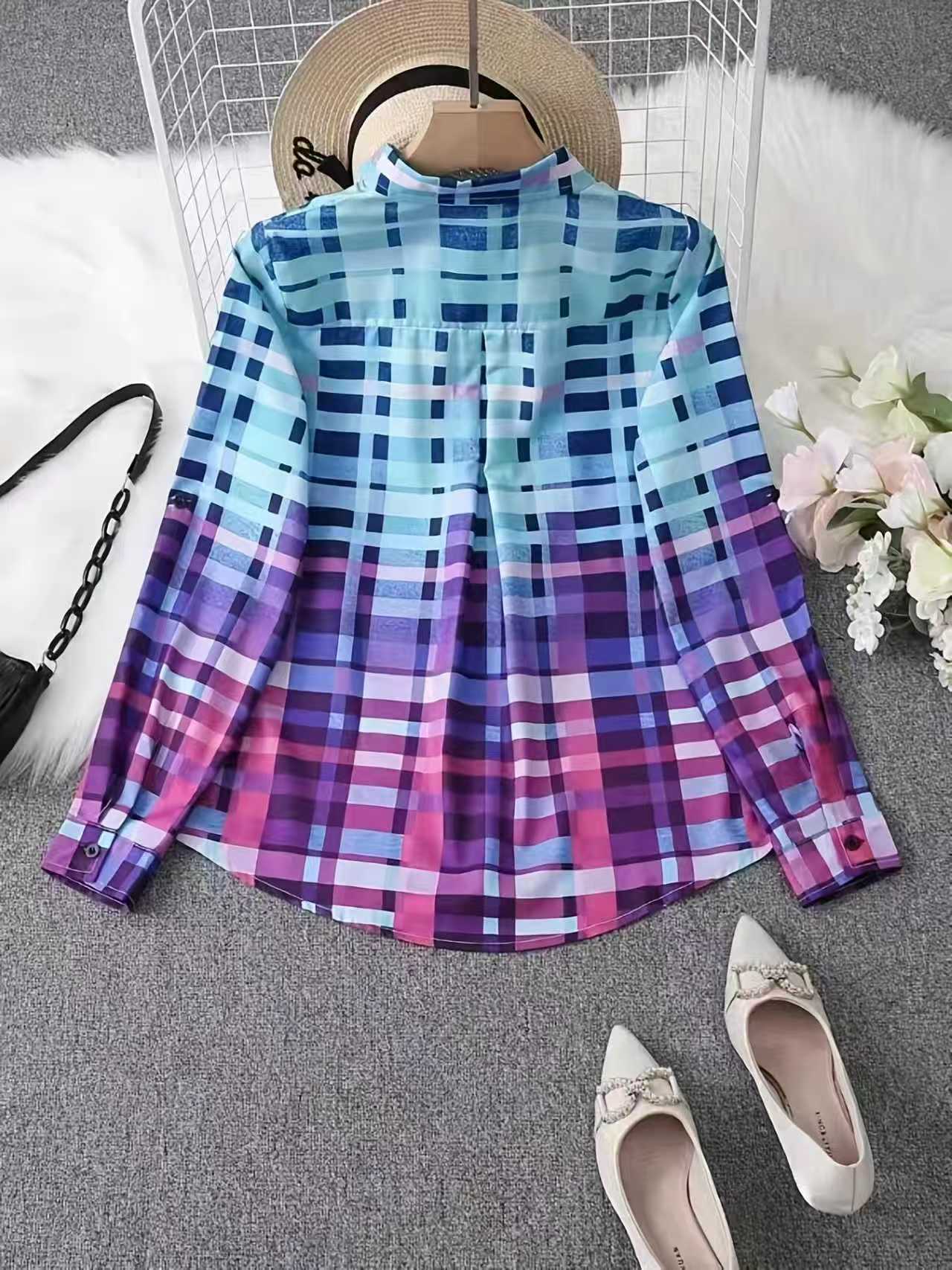 Chemise à manches longues à carreaux colorés pour femmes - Polyvalente pour les trajets quotidiens
