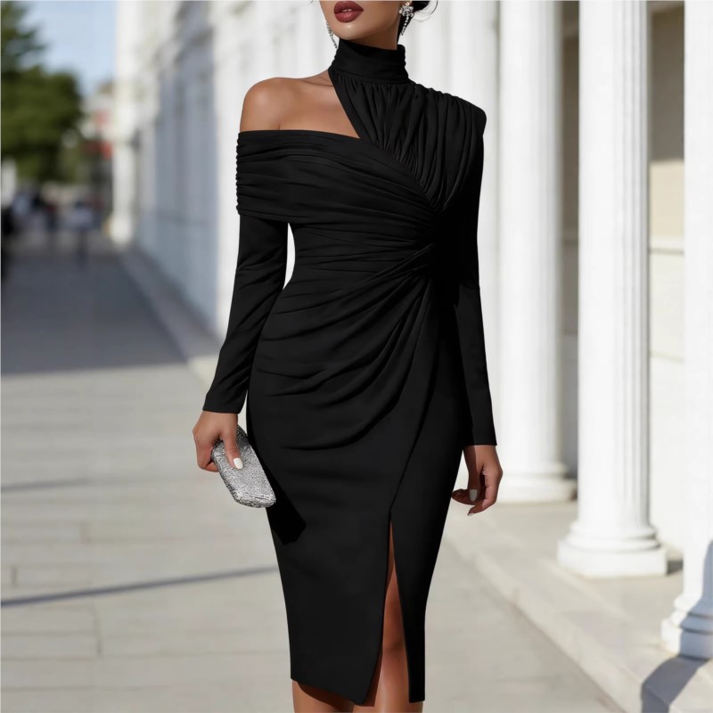 Robe Midi Élégante pour Femme, Couleur Unie, Taille Haute, Design Sexy Épaules Dénudées, Idéale pour Soirées et Bals de Promo