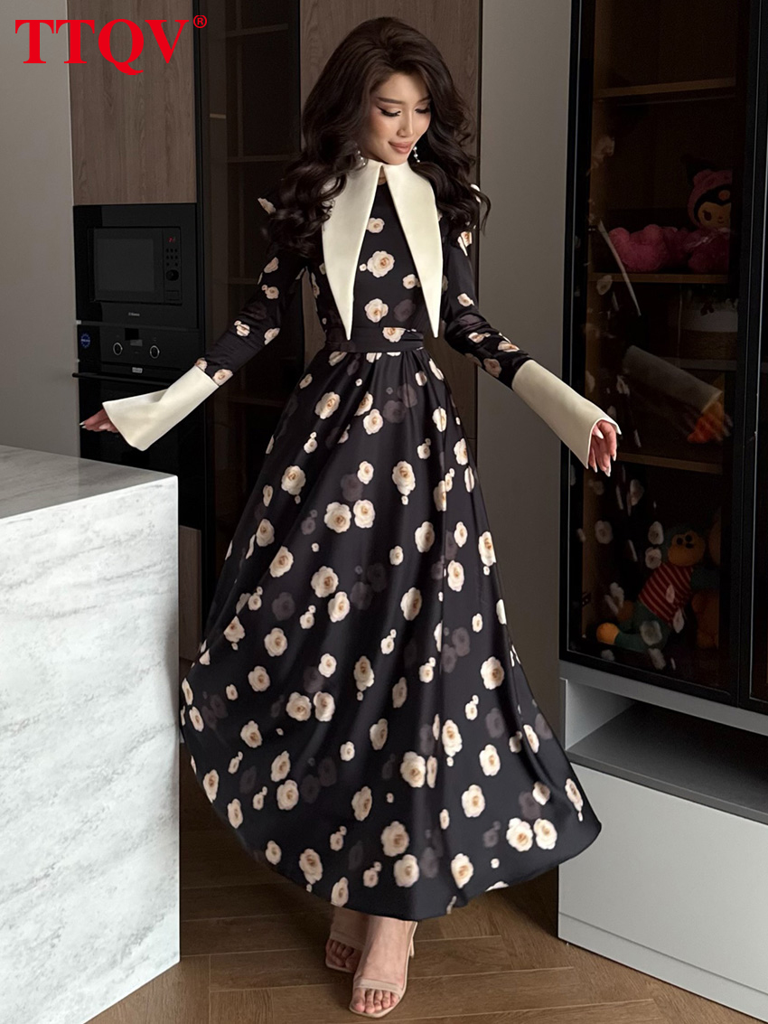 Robe Femme TTQV Tendance Imprimée Coupe Slim 2026 Automne Col Revers Manches Longues Longueur Cheville Élégante Classique Taille Haute
