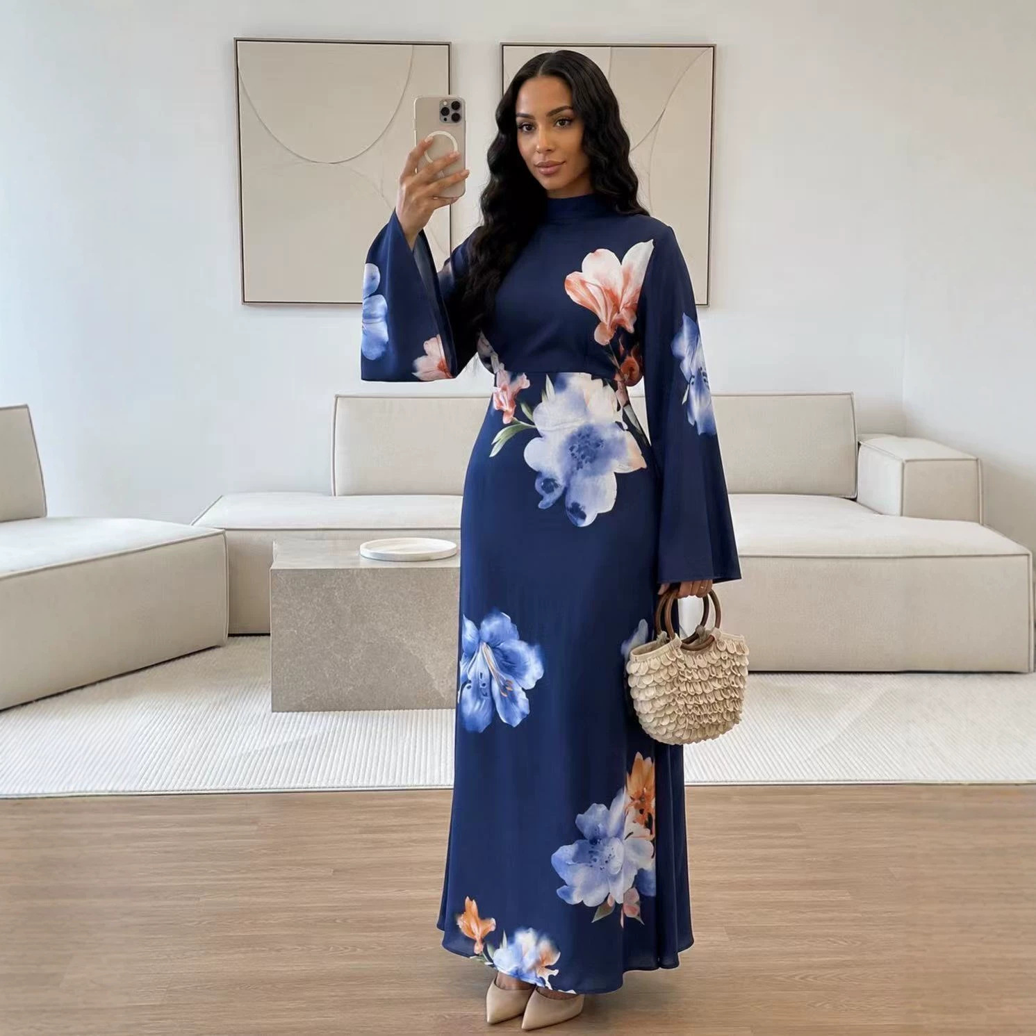 Robe Abaya Florale d'Été pour Femme avec Ceinture à Nouer Manches Longues Élégante Modeste Kaftan Musulman Tenue de Luxe Dubaï pour l'Aïd 2026