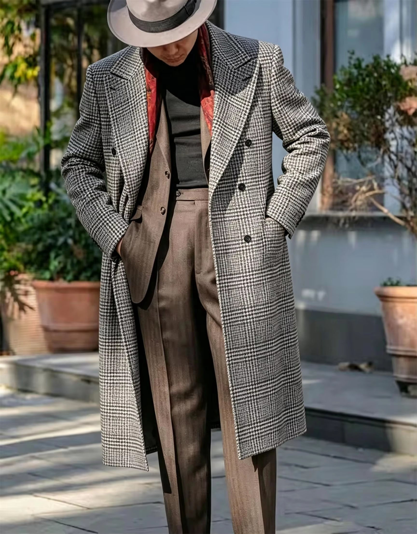 Manteau trench décontracté pour homme, coupe classique ajustée, col à revers, motif pied-de-poule, long manteau croisé avec poches