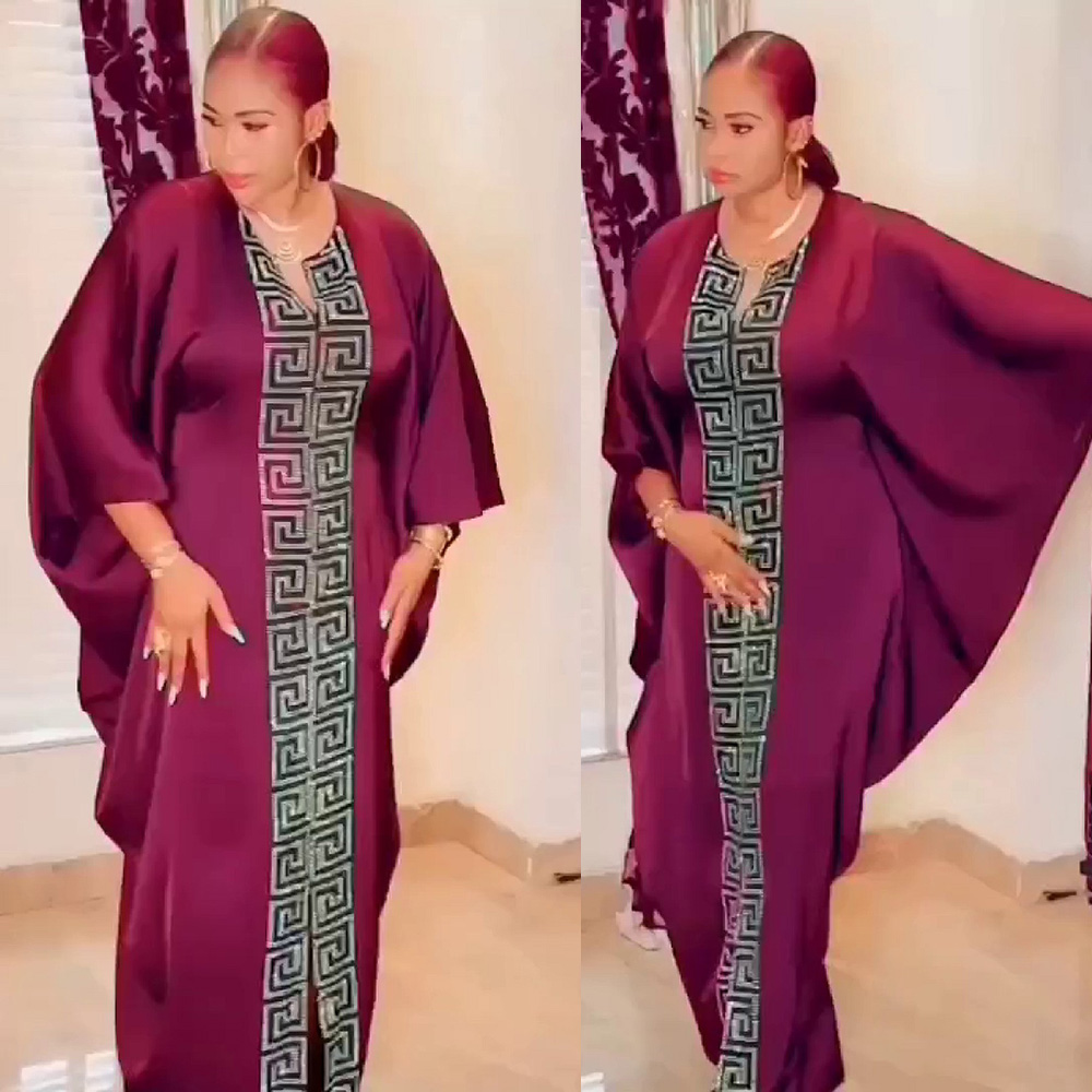 Robe de style africain pour femme grande taille, manches chauve-souris, style musulman islamique, imitation soie, strass thermocollés