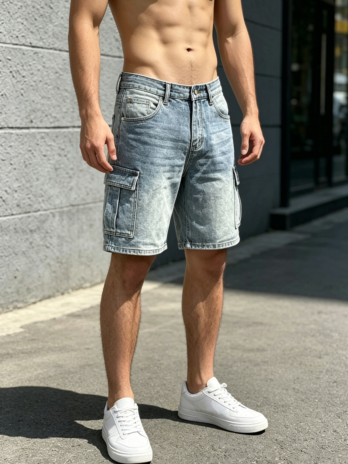 Shorts en jean décontractés pour hommes, coupe droite, délavage clair, style cargo, vêtements de travail