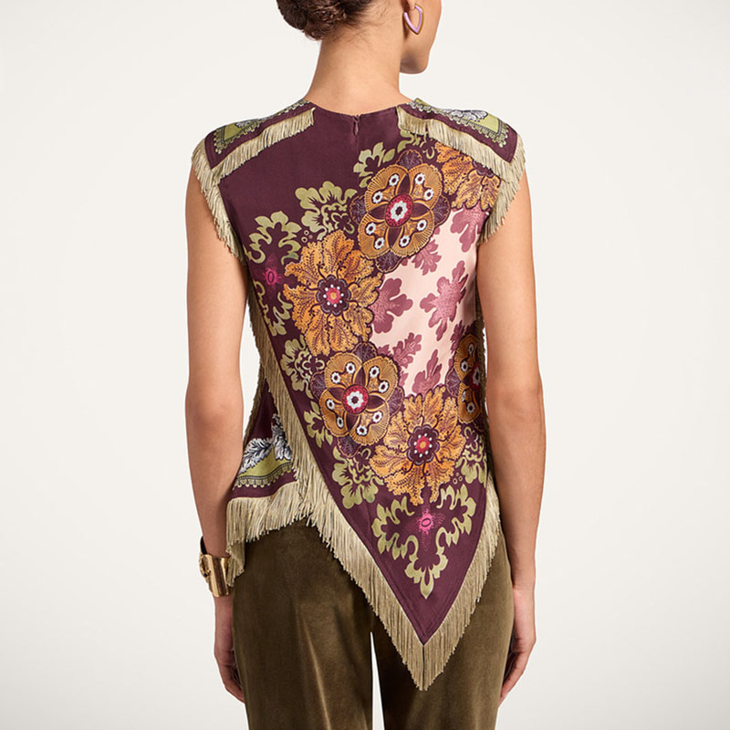 Ethnique Vintage imprimé fleuri femme vêtements élégant col rond gland croix fendu haut irrégulier été sans manches fermeture éclair Blouse chemises