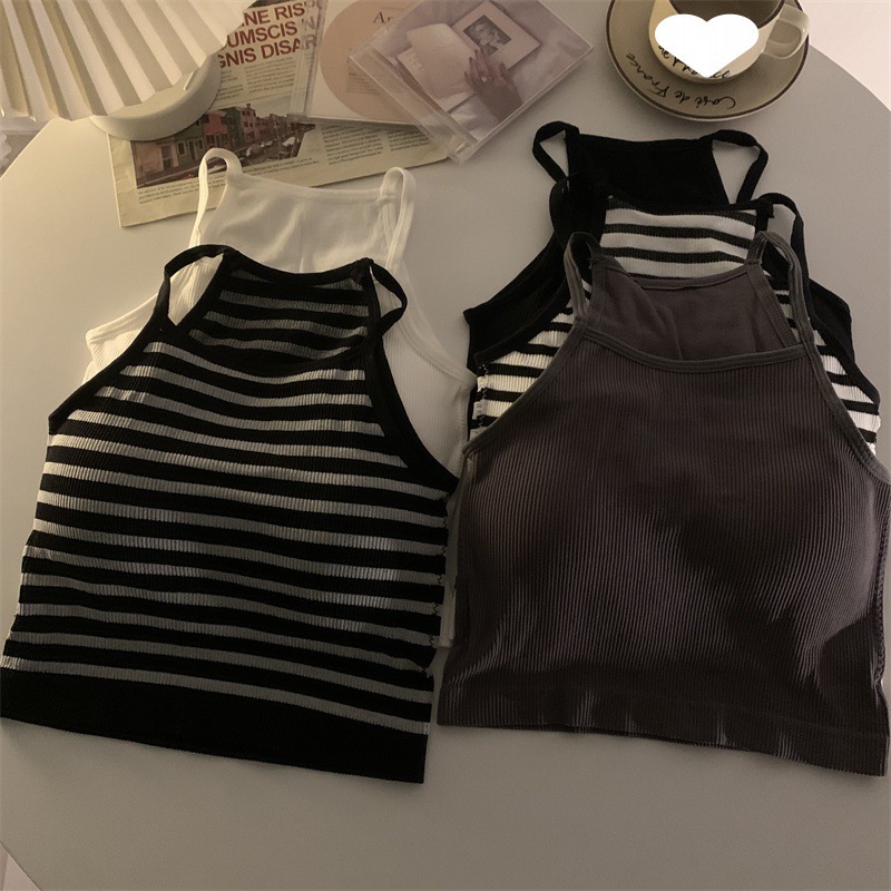 Haut court avec coussretours de poitrine pour femme, caraco basique, fibre rayée, mode décontractée, version coréenne