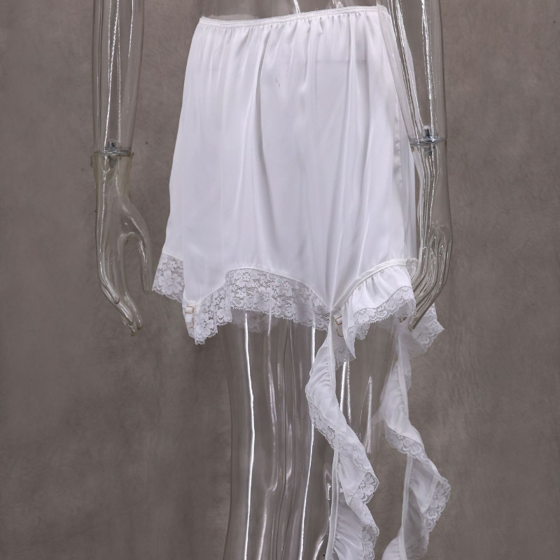 Été décontracté solide jupe femme 2025 Sexy dentelle blanc asymétrique Midi jupes rue Chic Satin taille haute jupe mince