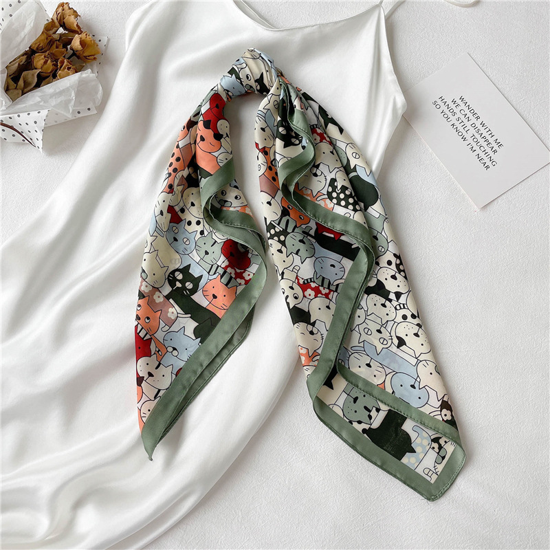 Foulard carré en Satin pour femmes, châle, bandeaux, petit foulard doux, imprimé chat, Hijab, 70cm, nouvelle collection 2026