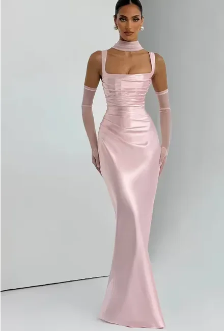 Robe longue plissée à col écharpe pour femmes, élégante, Sexy, couleur unie, sans manches, épaules dénudées, Slim, robe de soirée, 2026