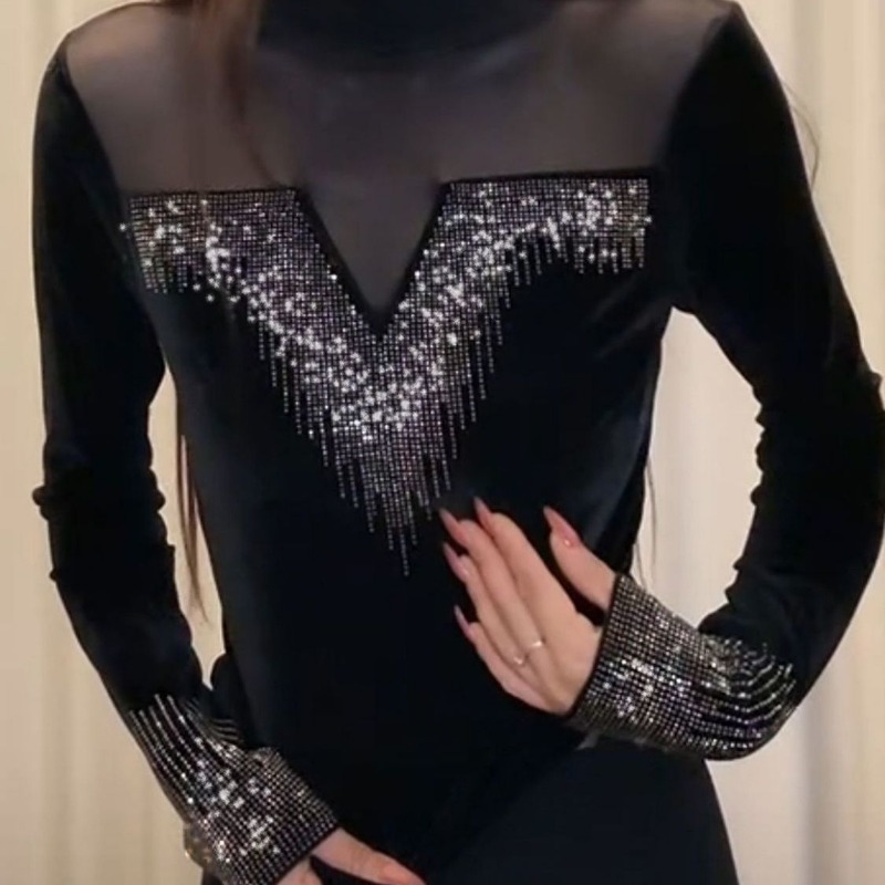 Vêtements pour femmes demi-col roulé velours épissage maille Sexy et polyvalent T-shirt couche de Base