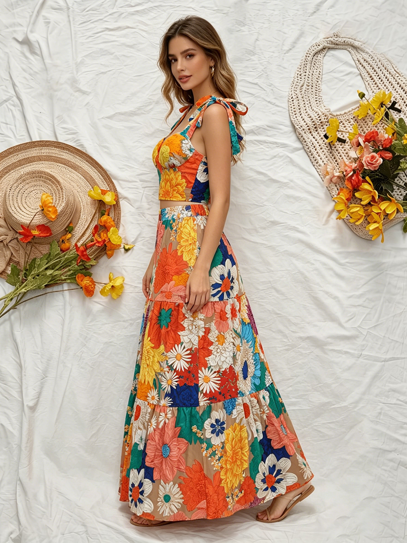 Ensemble 2 pièces pour femme à imprimé floral vibrant, avec haut court à nœud sur l'épaule et jupe longue à volants, idéal pour les vacances à la plage et les soirées estivales
