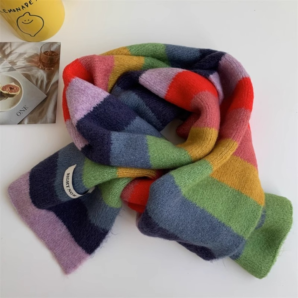 Écharpe étroite tendance à rayures multicolores, écharpe à rayures arc-en-ciel, coupe-vent, écharpes pour femmes, écharpes tricotées pour garder au chaud en hiver
