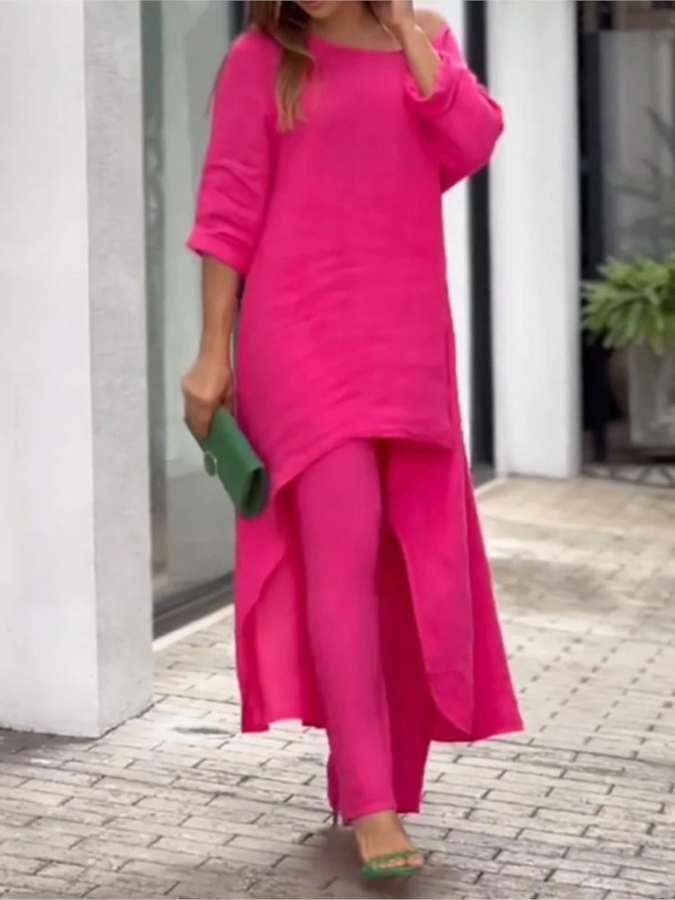 Ensemble pantalon Long en coton et lin pour femmes, mode solide, décontracté, hauts irréguliers, jambes larges, costumes de bureau, ensemble deux pièces, vêtements