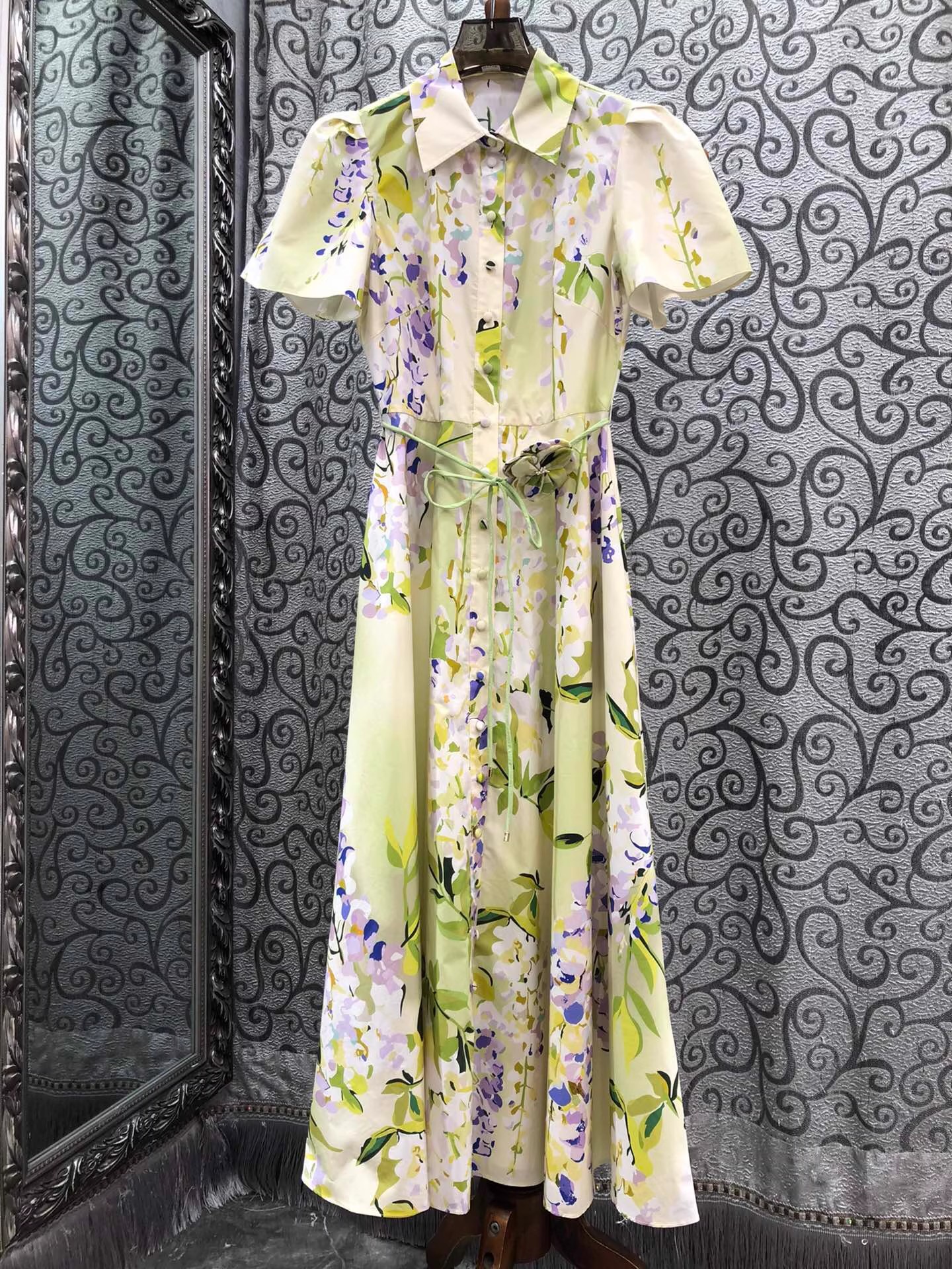 100% coton robe longue 2026 printemps été femmes col rabattu doux imprimé fleuri ceinture déco à manches courtes longue robe Maxi de luxe