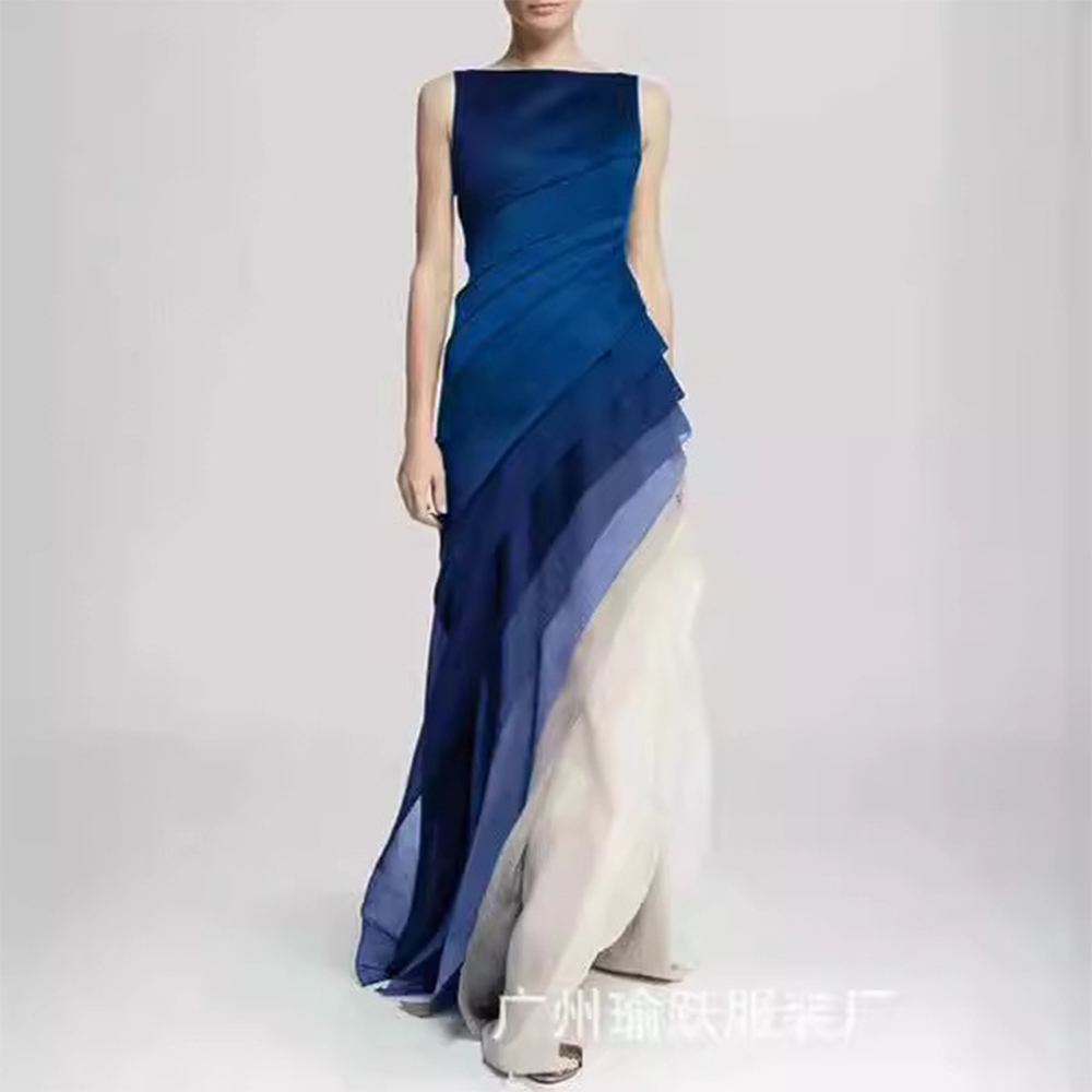 Femmes robe débardeur élégante col rond été décontracté invité de mariage dégradé imprimé robes longues en Satin
