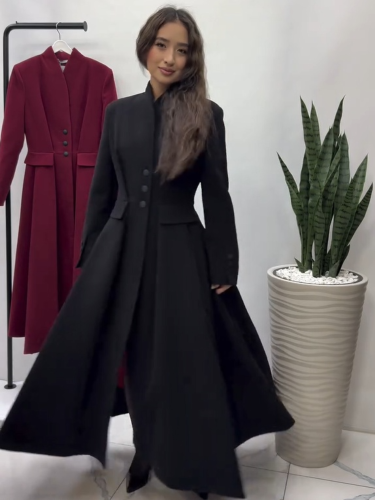 Manteau long ajusté à la taille en mélange de fausse laine pour femme, manches longues, boutonnage simple, ourlet évasé, manteaux d'hiver 2026, manteaux vintage