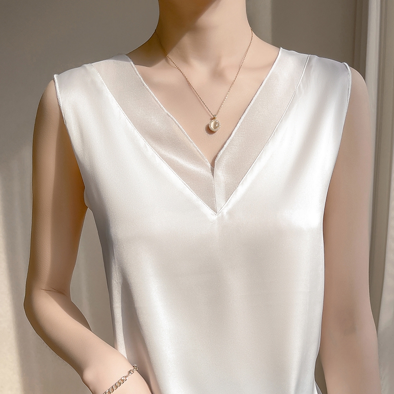 Débardeur sans manches en Satin et soie pour femme, haut à bretelles, col en V, basique, blanc, été