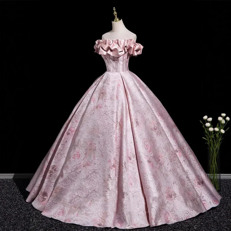 Robe de bal Lolita rose élégante, épaules dénudées, col à volants, robe florale en Jacquard, robe de soirée formelle de bal de thé, robe victorienne