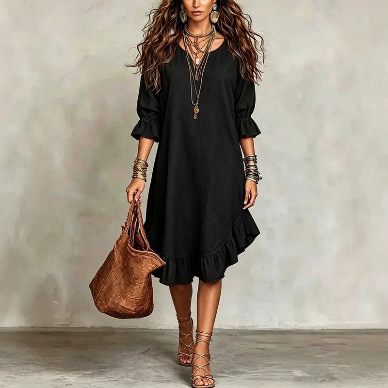 Robe élégante à col en V et manches mi-longues avec détail volanté à l'ourlet, en tissu tissé européen et américain, mode féminine 2026