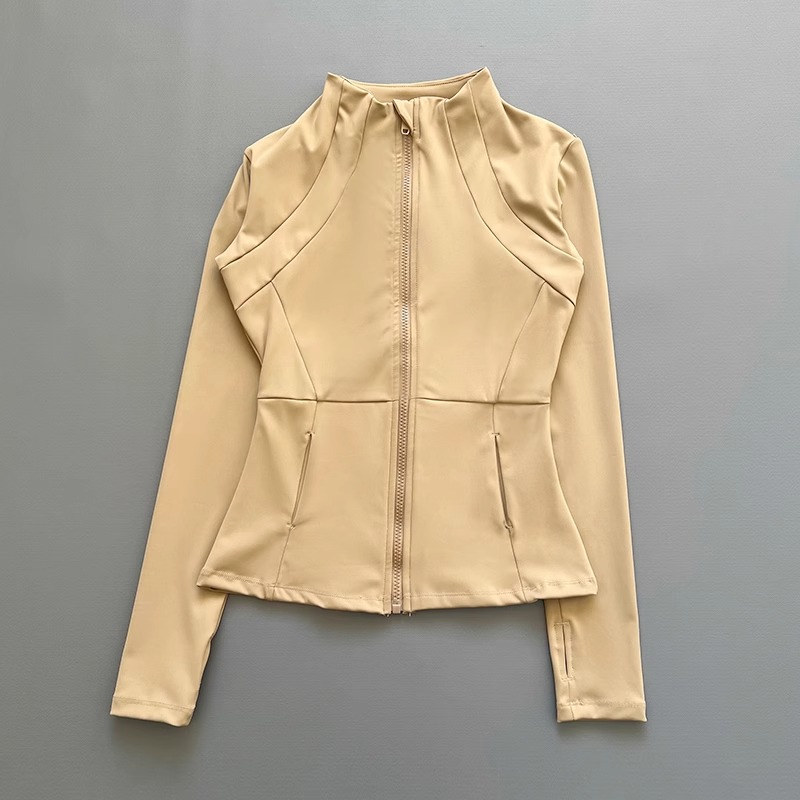Veste de yoga zippée pour femme, col montant, manches longues, coupe ajustée, avec poches et trous pour les pouces, pour le fitness, la course et les activités sportives