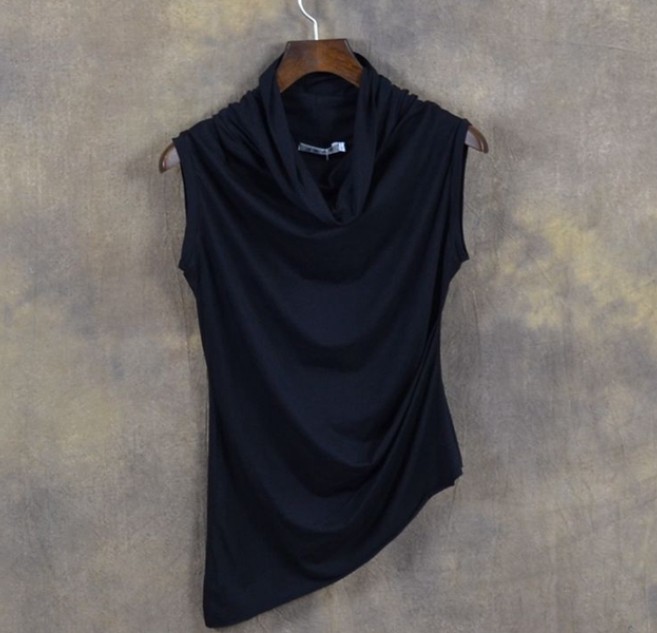 T-shirt à col à poils pour homme, slim, décontracté, à la mode, sans manches, irrégulier, pour coiffeur, pour boîte de nuit, nouvelle collection