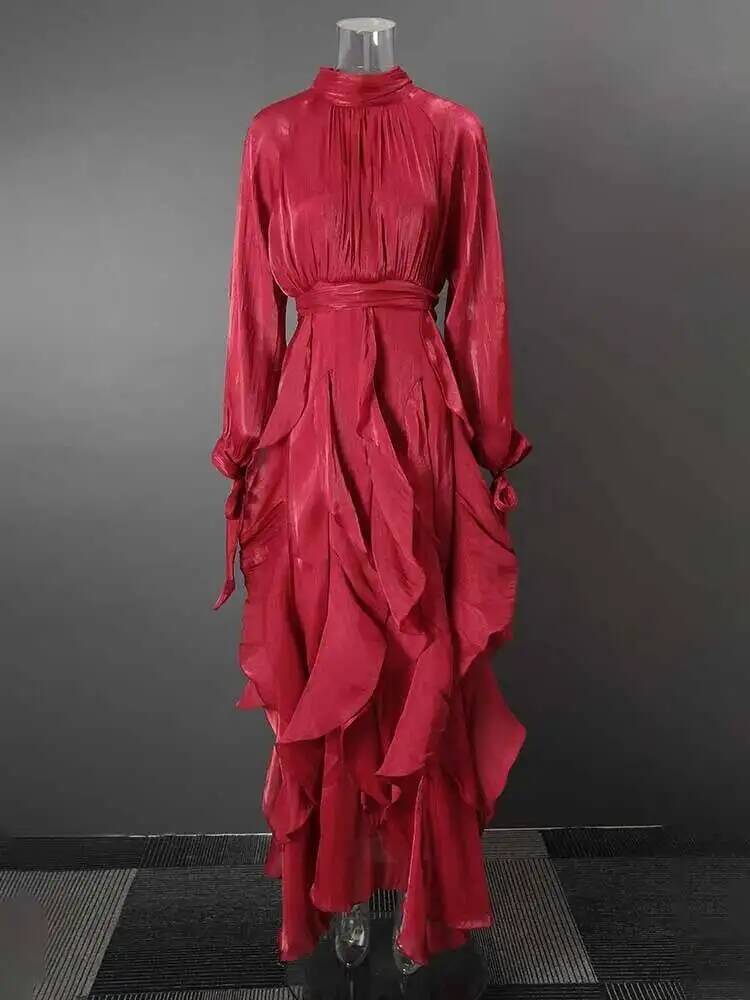 Robe de soirée violette DEAT pour femmes, col roulé, coupe ajustée, laçage à la taille, volants irréguliers, manches longues, nouvelle collection