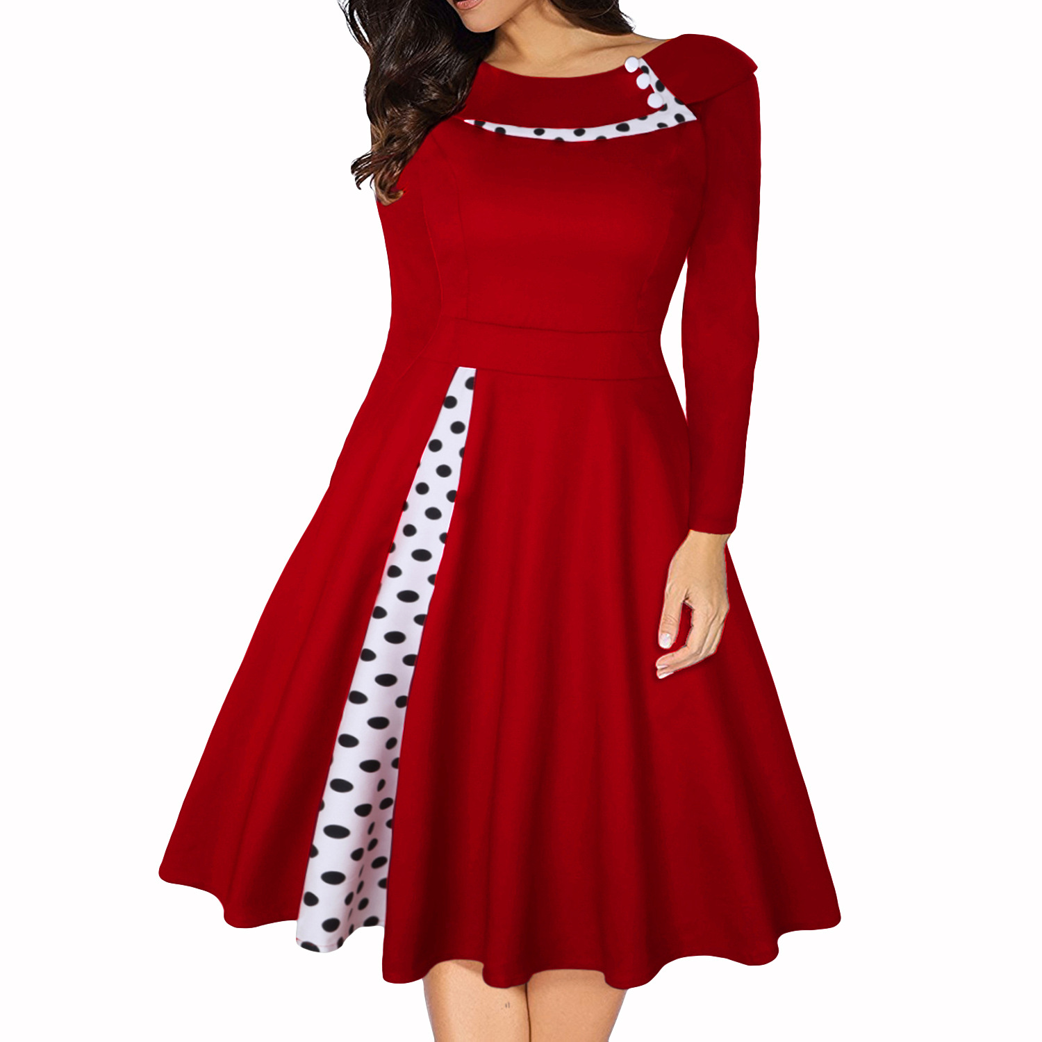 Robe Vintage pour femmes Rockabilly à pois imprimé Sexy Patchwork à manches longues taille haute balançoire décontracté fête Midi robes Robe