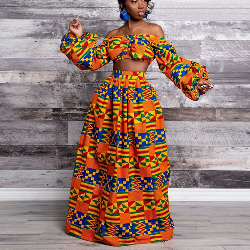 Robes africaines pour femmes, ensemble 2 pièces, manches longues, épaules dénudées, imprimé Dashiki, jupes fendues, vêtements Africna, automne