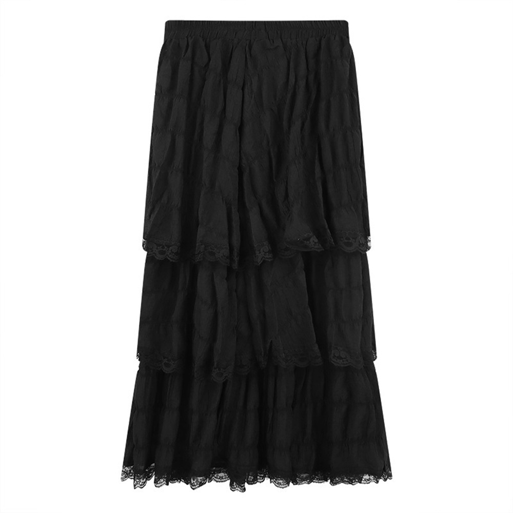 Valider ens-Jupe longue en dentelle au crochet pour femme, taille haute élastique, volants bas, jupes plissées, blanc, noir, mode coréenne, nouveau, été, 2024