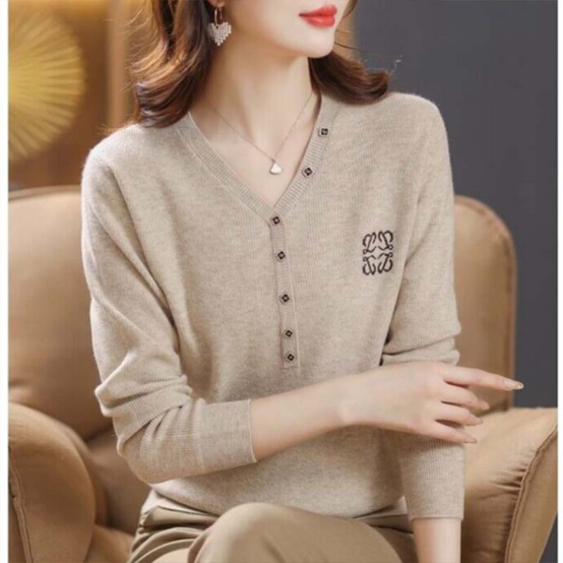 Pulls en tricot à col en V vintage pour femmes, pulls à boutons monochromes, vêtements décontractés, dame de bureau, mode chic, automne, hiver