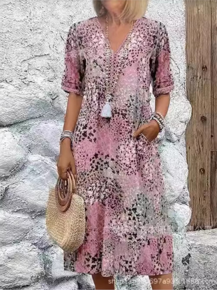 Robes vintage mi-longues à dentelle pour femmes, style bohème moderne, imprimé floral, robe longue décontractée à manches courtes et col en V, robe femme