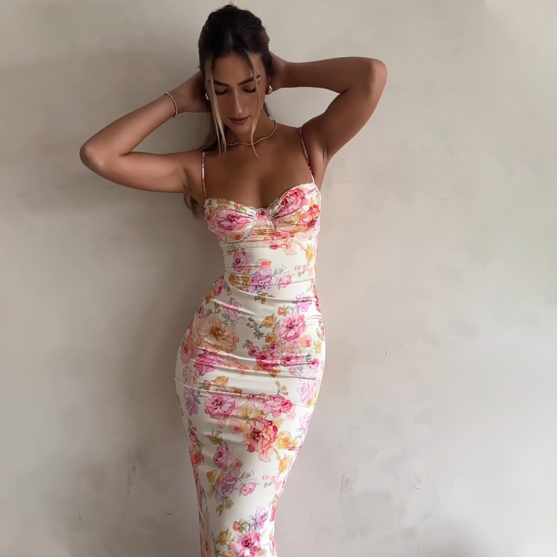 Robe longue à imprimé floral français, robe sexy sans bretelles pour femmes, robe d'été, tenue de plage, streetwear, tenue de vacances