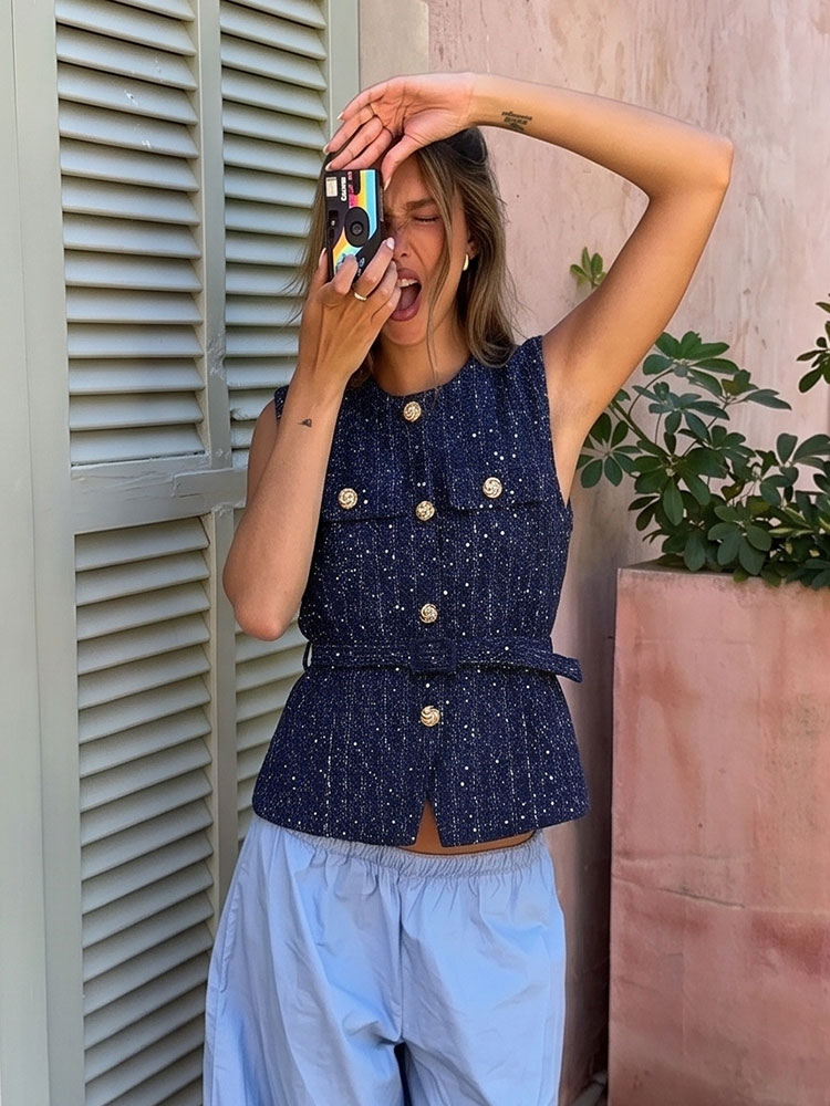 Gilet en tweed rétro élégant pour femme HH, ajusté à la taille, boutonné, sans manches, style classique, décontracté, vintage, pour tenues de fête