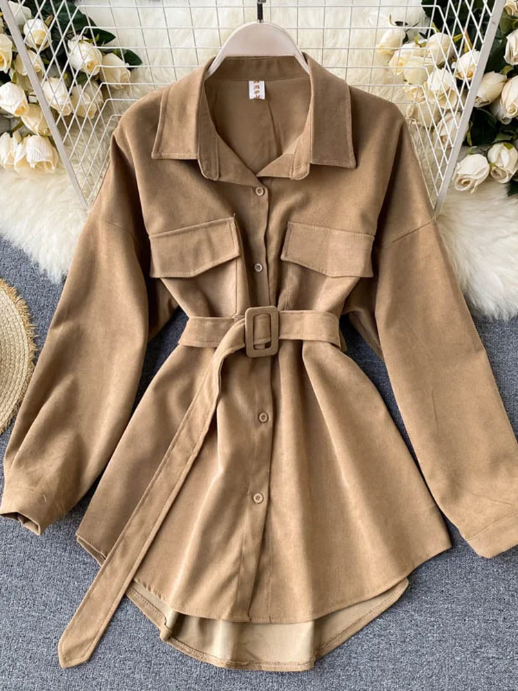 Chemise à manches longues style cargo rétro pour femme, poches, chemise à manches bouffantes, bandage, taille déchirée, Y-Female, printemps, automne, PL438