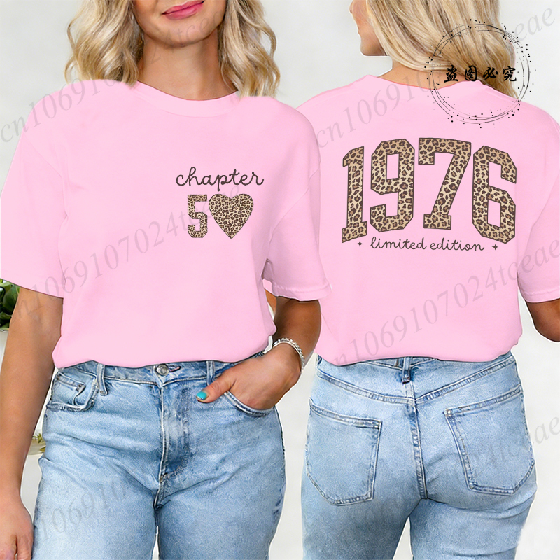 T-shirt tendance pour femme, imprimé rétro 1976, motif léopard, cadeau 50e anniversaire, hauts pour femme, t-shirt graphique Harajuku