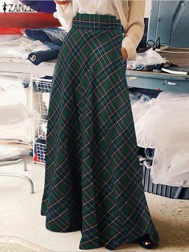 ZANZEA-Jupe longue à carreaux pour femmes, Robe d'été décontractée, Taille haute, A-ligne, Vintage, Maxi, Automne, Mode