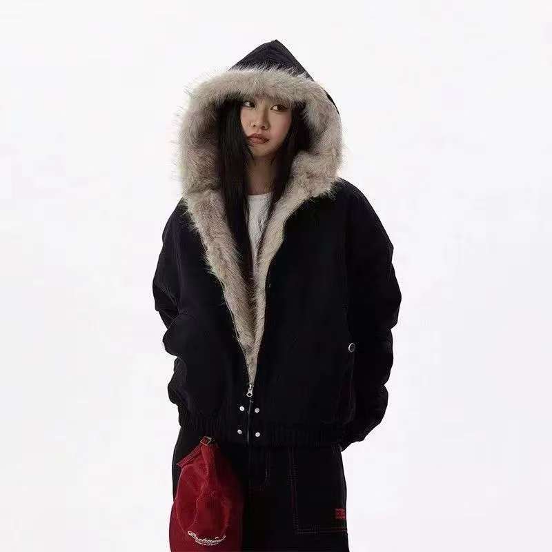 Veste d'optique d'hiver pour hommes, manteau surdimensionné Harajuku, col en laine rétro américain, haut en peluche de coton à capuche, rue, hip-hop, gothique