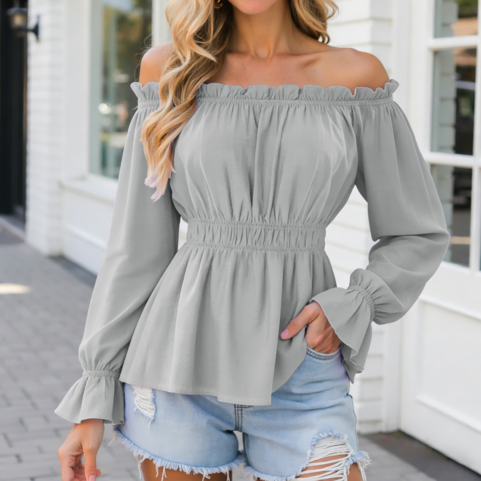 Chemisier Élégant Femme Bohème, Hauts et Blouses d'Été à Épaules Dénudées, Manches Longues à Volants, Taille Cintrée, Couleur Unie, Style Décontracté, Blusas