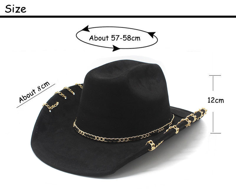 Chapeau de Cowboy occidental tendance pour hommes et femmes, avec chaîne en métal, visière en daim à large bord, casquette de Jazz à la mode