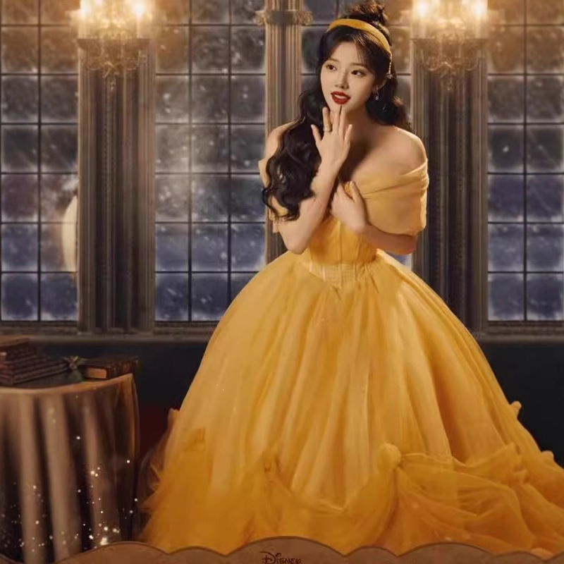 Robe Belle Cinderalle jaune en Tulle pour femmes, épaules dénudées, robe de bal élégante, robe formelle fantaisie, vêtements de Cosplay d'halloween