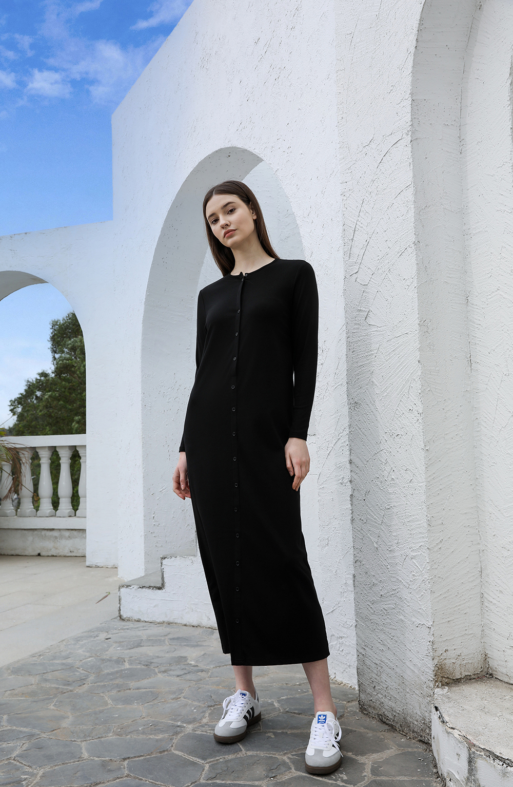 Robe maxi côtelée pour femme AP SS26, confortable, manches longues, vêtements élégants pour femme